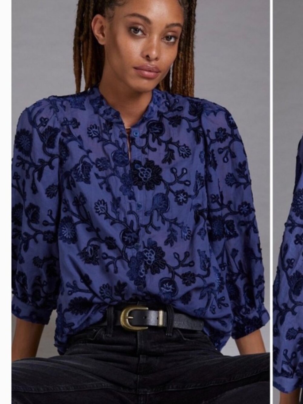 Anthropologie Pilcro Blue Velvet Floral Applique Button Up Top